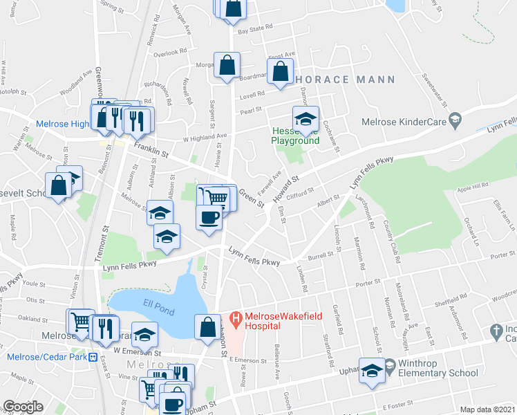 map of restaurants, bars, coffee shops, grocery stores, and more near 126 Green Street in Melrose