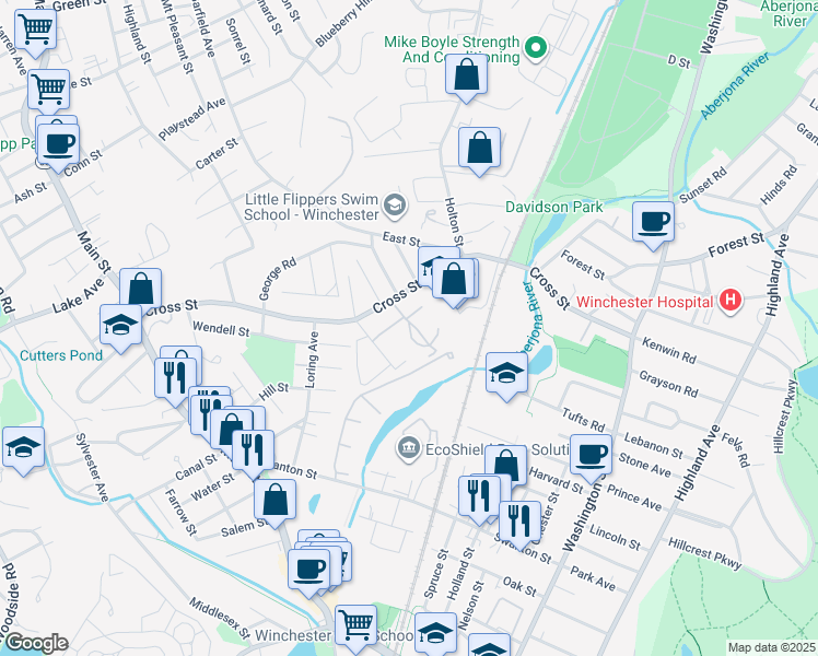 map of restaurants, bars, coffee shops, grocery stores, and more near 3 River Street in Winchester