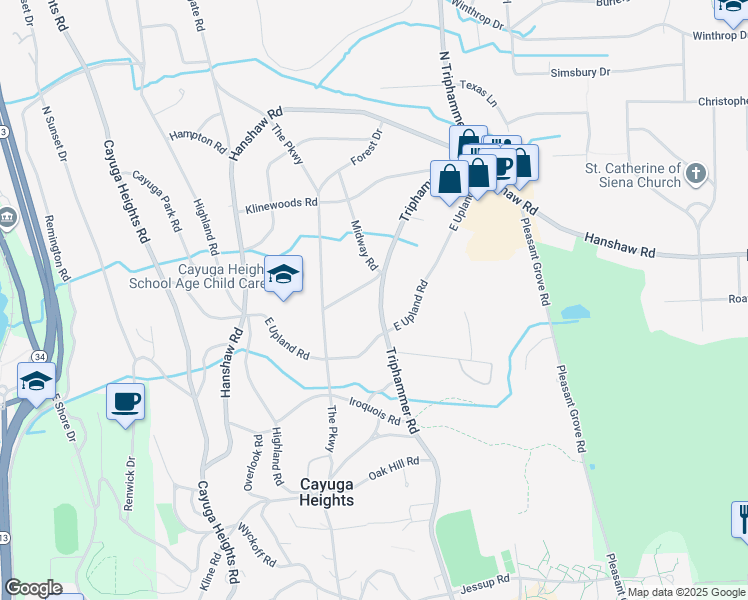 map of restaurants, bars, coffee shops, grocery stores, and more near 902 Triphammer Road in Ithaca