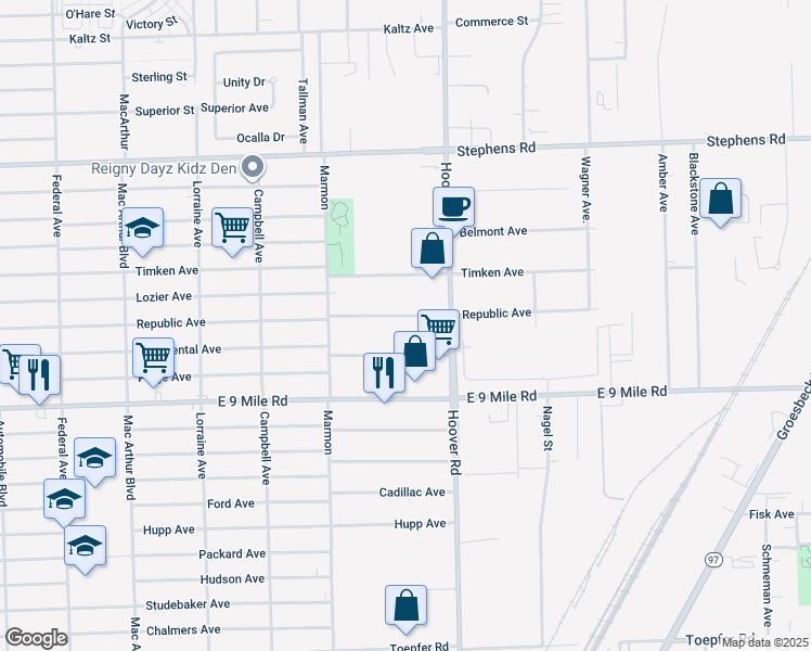 map of restaurants, bars, coffee shops, grocery stores, and more near 11519 Continental Avenue in Warren