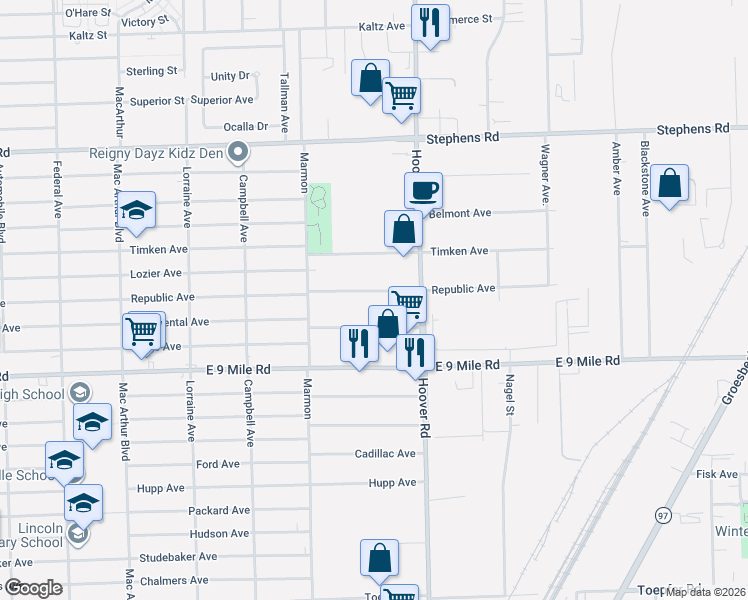 map of restaurants, bars, coffee shops, grocery stores, and more near 11449 Continental Avenue in Warren