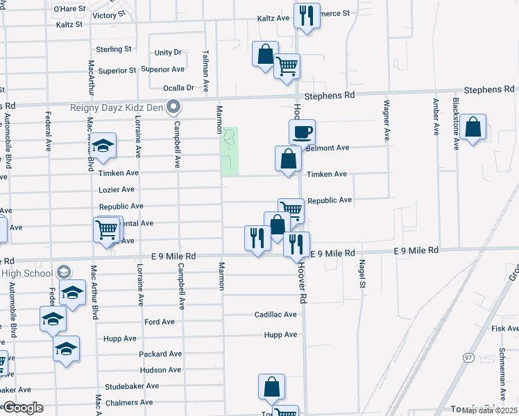 map of restaurants, bars, coffee shops, grocery stores, and more near 11449 Continental Avenue in Warren