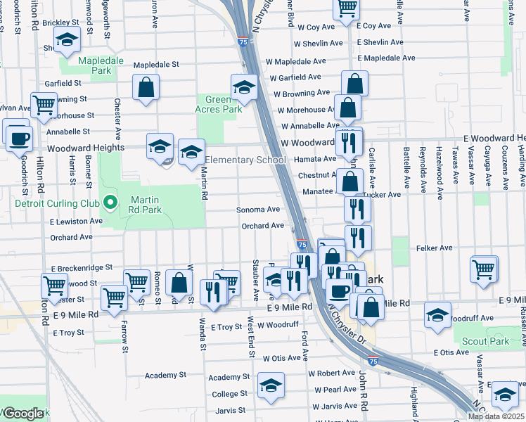 map of restaurants, bars, coffee shops, grocery stores, and more near 614 Orchard Avenue in Hazel Park