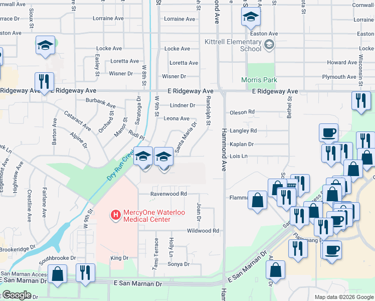 map of restaurants, bars, coffee shops, grocery stores, and more near 1324 Columbus Drive in Waterloo