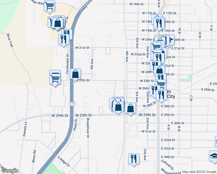 map of restaurants, bars, coffee shops, grocery stores, and more near 2537-2559 Willow Street in South Sioux City