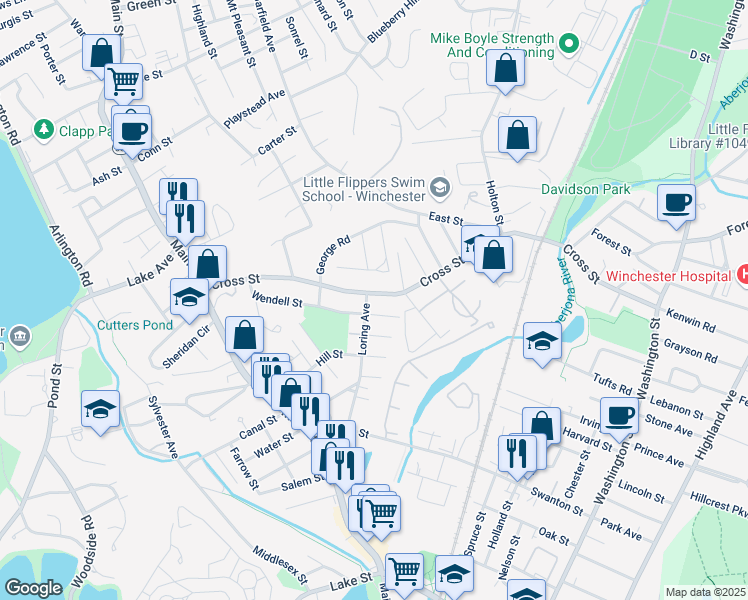 map of restaurants, bars, coffee shops, grocery stores, and more near 103 Loring Avenue in Winchester