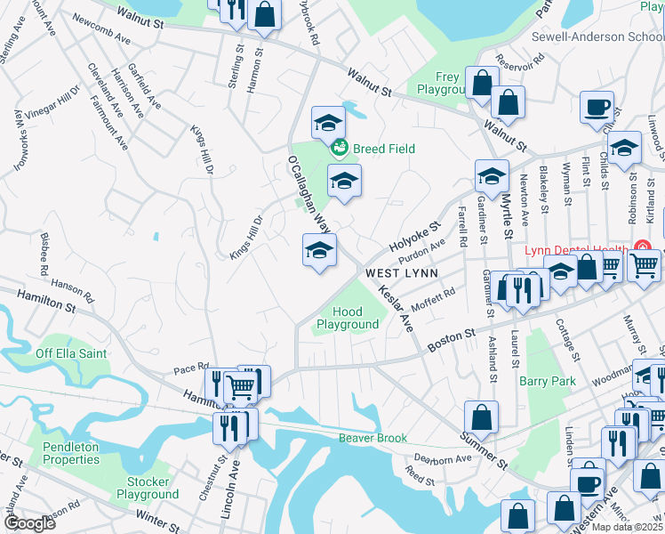 map of restaurants, bars, coffee shops, grocery stores, and more near 235 O'Callaghan Way in Lynn