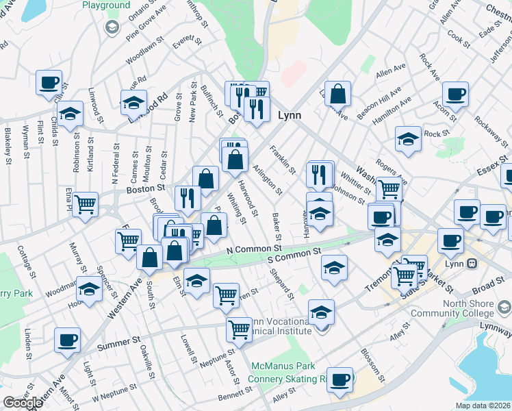 map of restaurants, bars, coffee shops, grocery stores, and more near 34 Harwood Street in Lynn