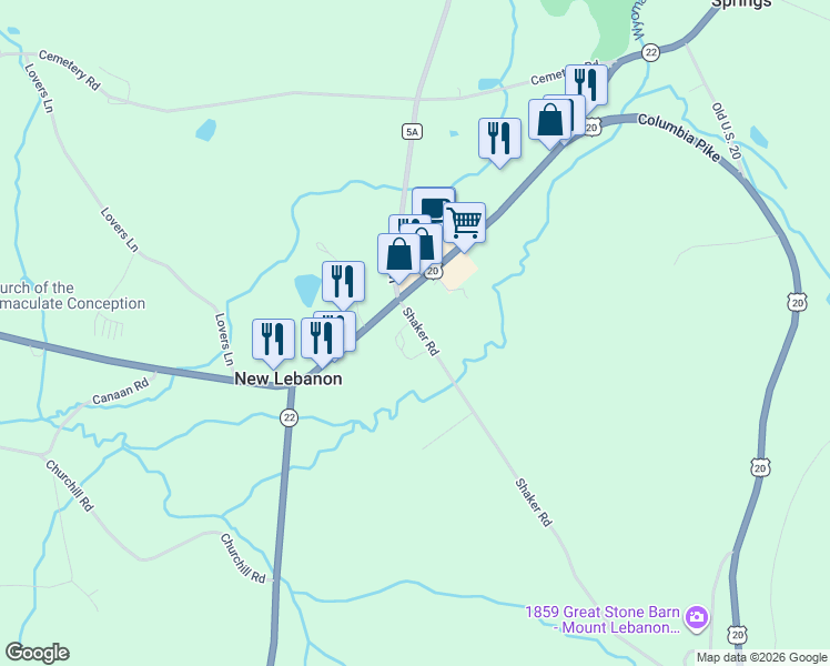 map of restaurants, bars, coffee shops, grocery stores, and more near 38 Shaker Road in New Lebanon