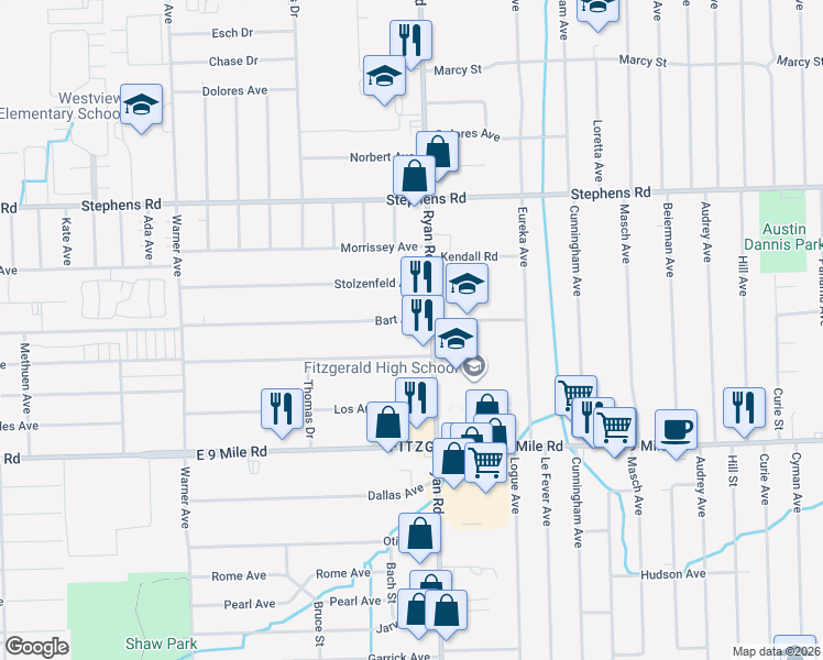 map of restaurants, bars, coffee shops, grocery stores, and more near 4055 Capitol Avenue in Warren