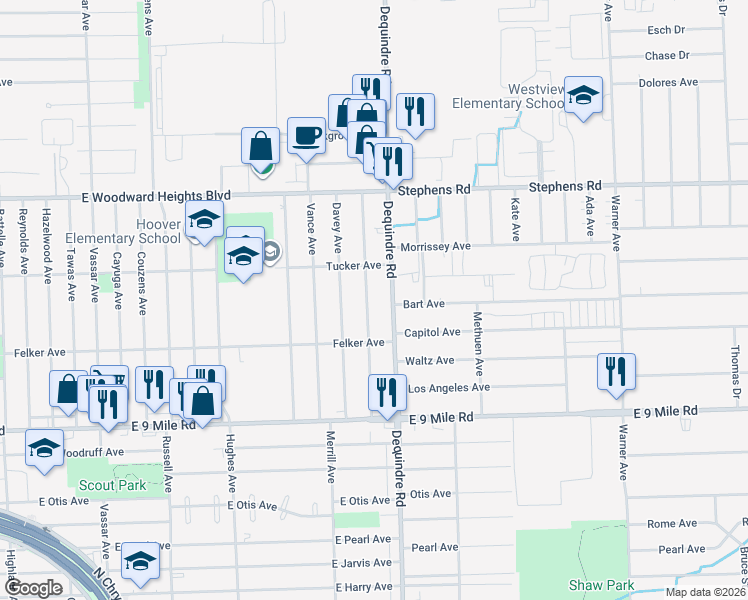 map of restaurants, bars, coffee shops, grocery stores, and more near 23352 Melville Avenue in Hazel Park
