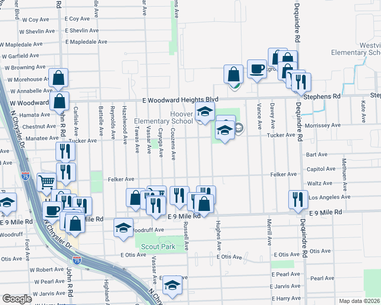 map of restaurants, bars, coffee shops, grocery stores, and more near 23369 Harding Avenue in Hazel Park