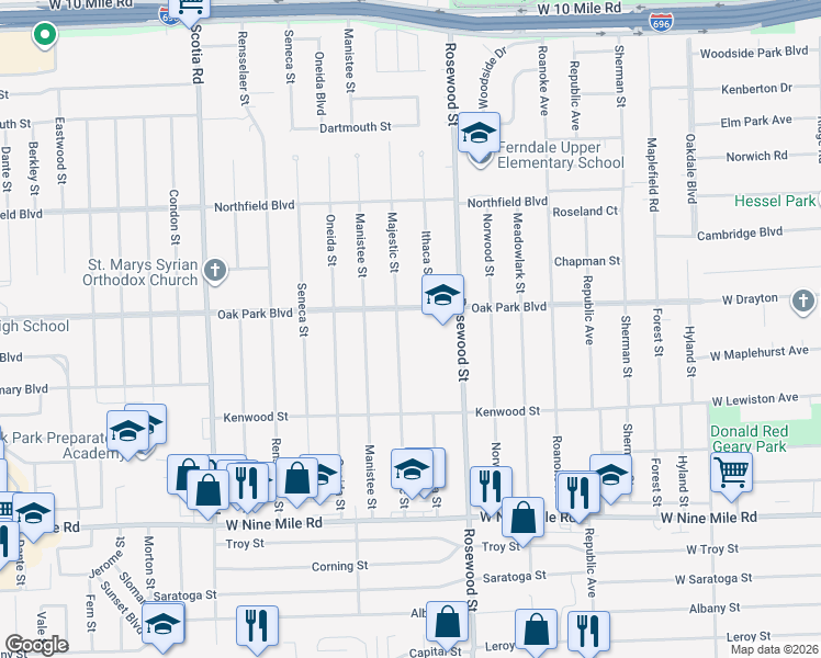 map of restaurants, bars, coffee shops, grocery stores, and more near 23530 Majestic Street in Oak Park