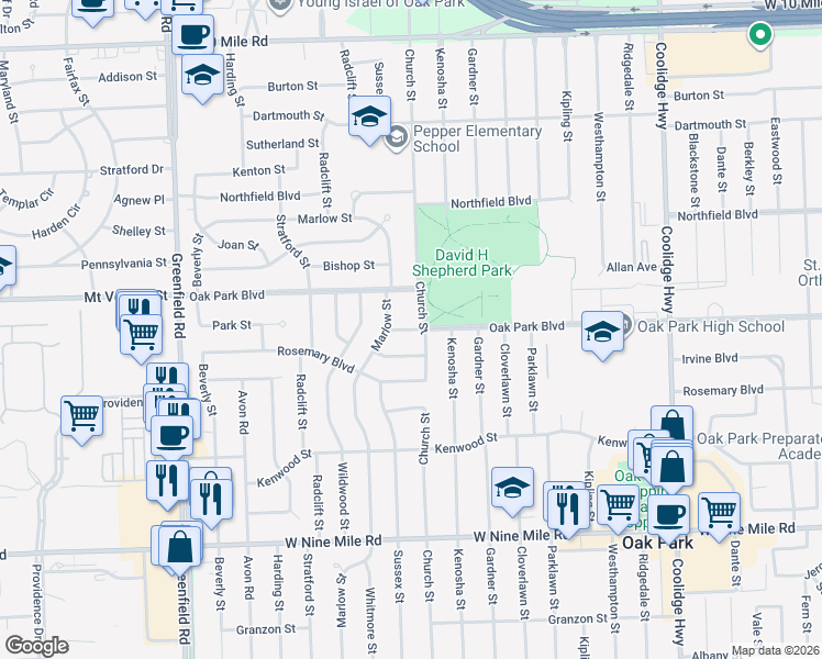 map of restaurants, bars, coffee shops, grocery stores, and more near 14450 Park Street in Oak Park