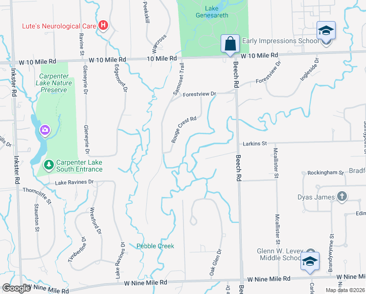 map of restaurants, bars, coffee shops, grocery stores, and more near 24148 Rouge Crest Road in Southfield