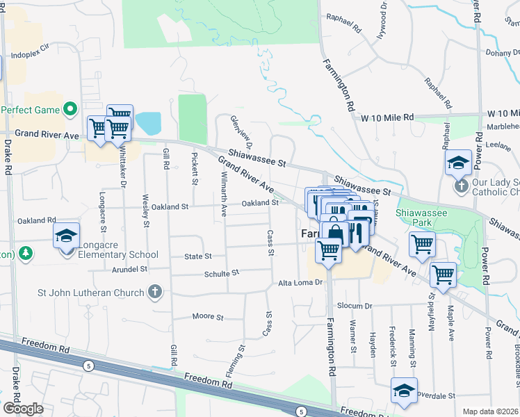 map of restaurants, bars, coffee shops, grocery stores, and more near 33714 Macomb Avenue in Farmington