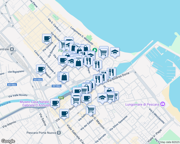 map of restaurants, bars, coffee shops, grocery stores, and more near 35 Via Raffaele Paolucci in Pescara