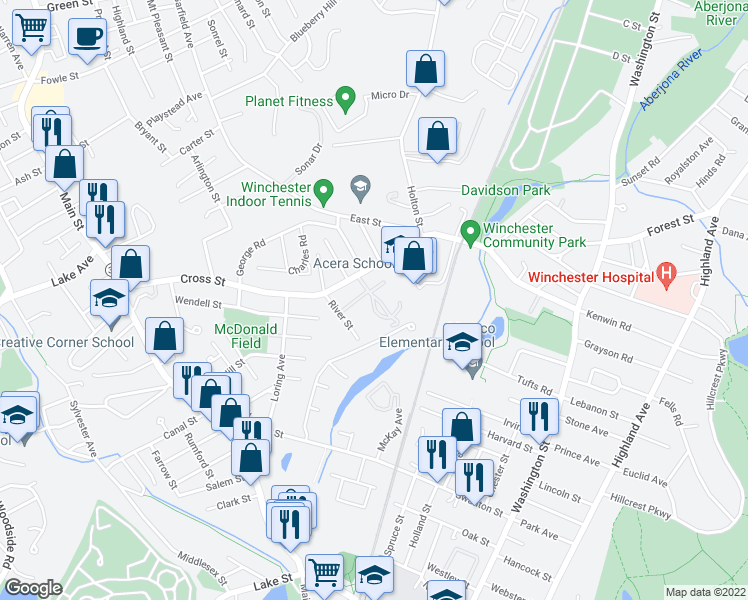 map of restaurants, bars, coffee shops, grocery stores, and more near 3 River Street in Winchester