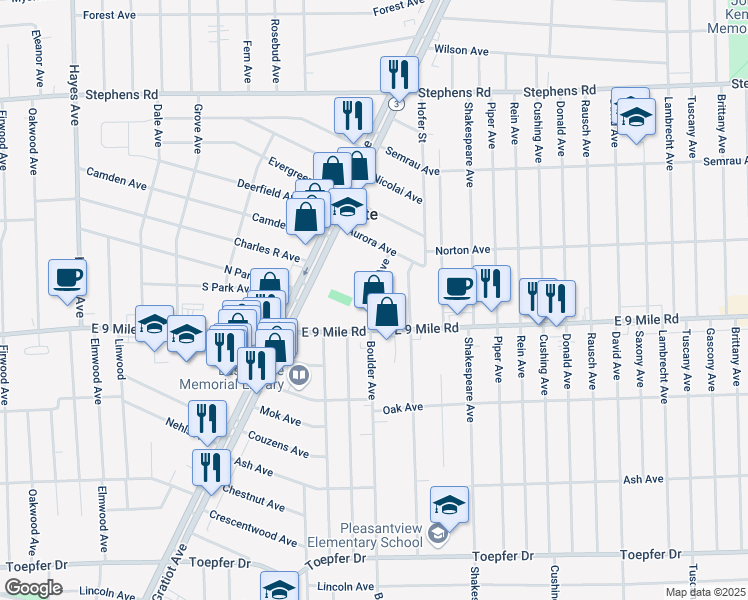 map of restaurants, bars, coffee shops, grocery stores, and more near 16223 East 9 Mile Road in Eastpointe