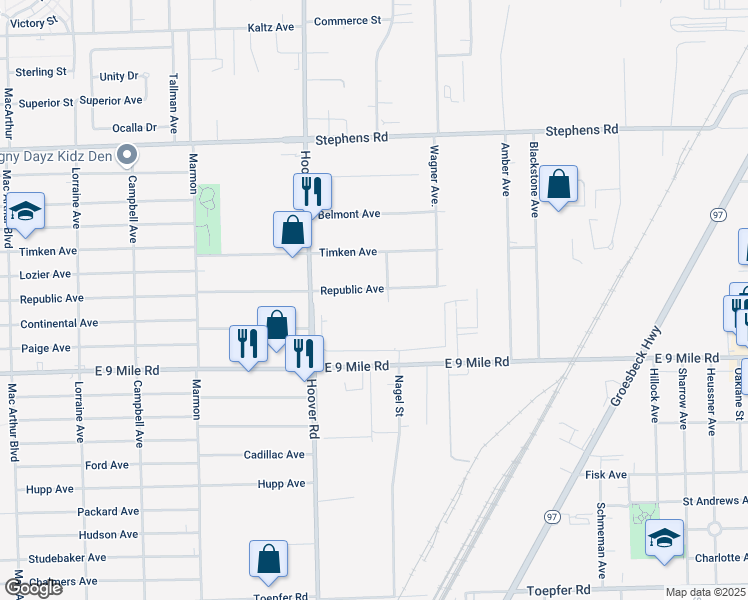 map of restaurants, bars, coffee shops, grocery stores, and more near 11955 East 9 Mile Road in Warren
