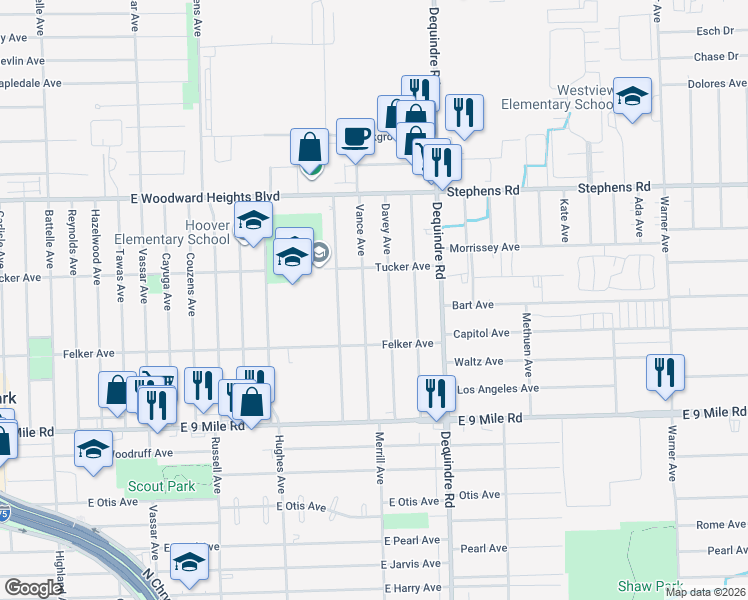 map of restaurants, bars, coffee shops, grocery stores, and more near 23353 Davey Avenue in Hazel Park