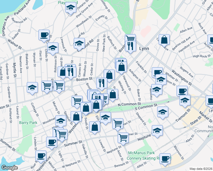 map of restaurants, bars, coffee shops, grocery stores, and more near 41 Barrett Street in Lynn