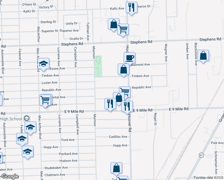 map of restaurants, bars, coffee shops, grocery stores, and more near 11449 Continental Avenue in Warren