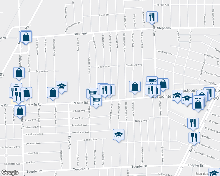map of restaurants, bars, coffee shops, grocery stores, and more near 23091 Columbus Avenue in Warren