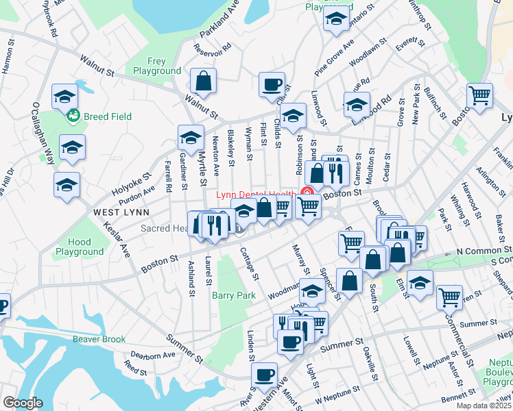 map of restaurants, bars, coffee shops, grocery stores, and more near 12 Flint Street in Lynn