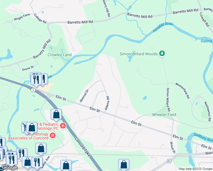 map of restaurants, bars, coffee shops, grocery stores, and more near 441 Adams Road in Concord