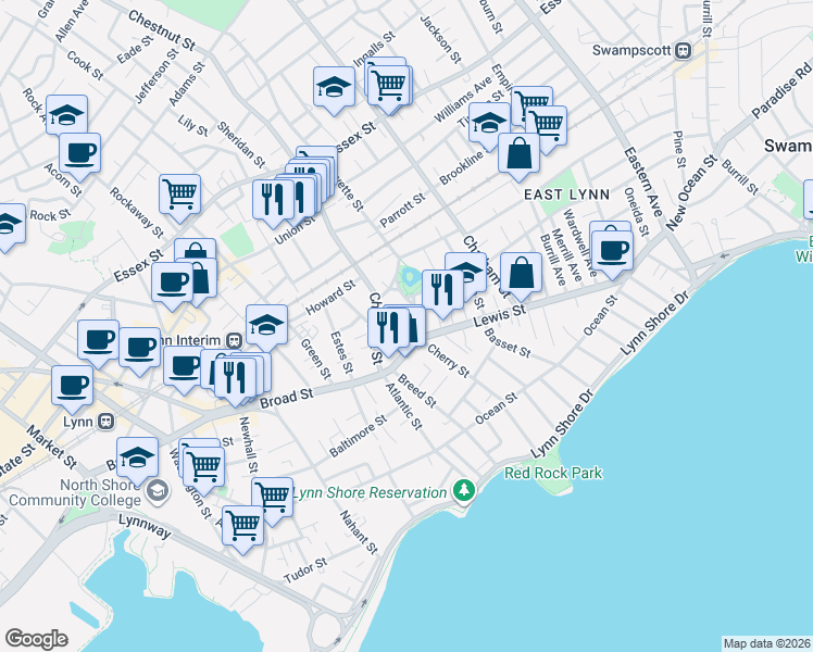 map of restaurants, bars, coffee shops, grocery stores, and more near 200 Massachusetts 129 in Lynn