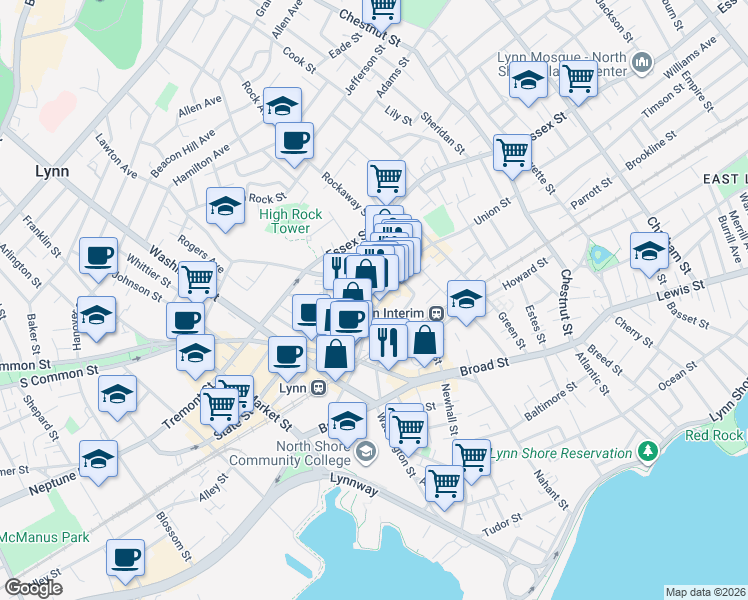 map of restaurants, bars, coffee shops, grocery stores, and more near 274-282 Union Street in Lynn