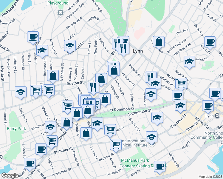 map of restaurants, bars, coffee shops, grocery stores, and more near 39 Park Street in Lynn