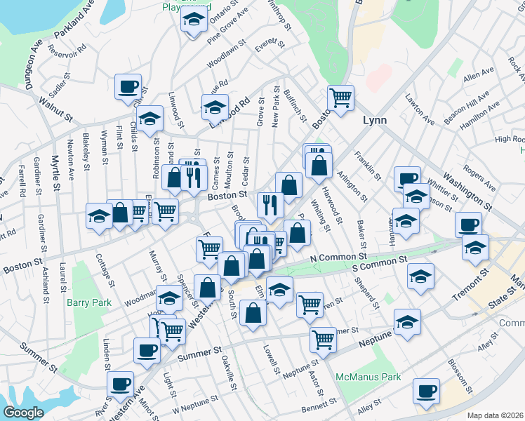 map of restaurants, bars, coffee shops, grocery stores, and more near 51 Mall Street in Lynn