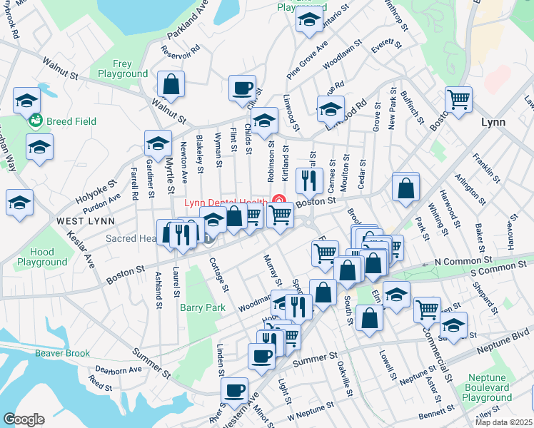 map of restaurants, bars, coffee shops, grocery stores, and more near 515 Boston Street in Lynn