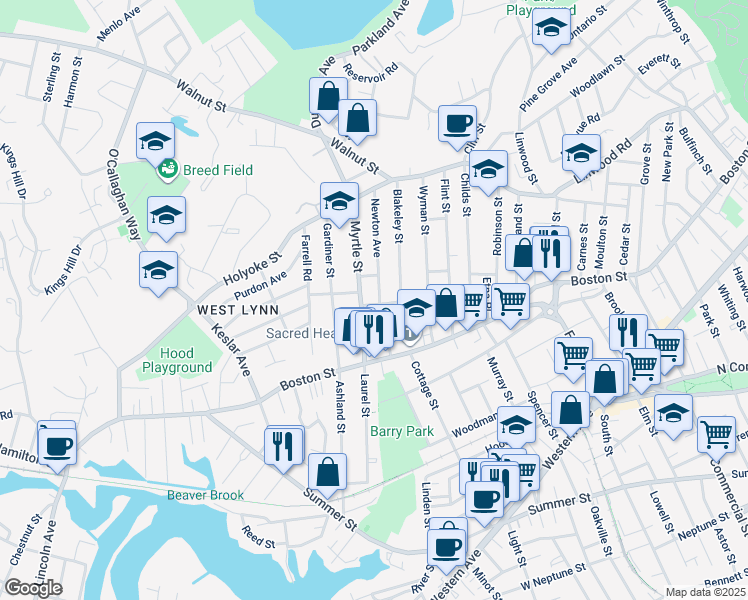 map of restaurants, bars, coffee shops, grocery stores, and more near 34 Perley Street in Lynn