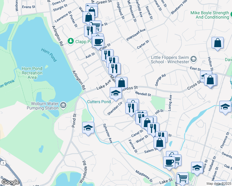 map of restaurants, bars, coffee shops, grocery stores, and more near 83 Sheridan Circle in Winchester