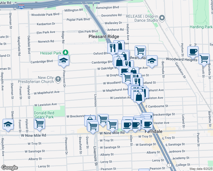 map of restaurants, bars, coffee shops, grocery stores, and more near 341 West Maplehurst Avenue in Ferndale