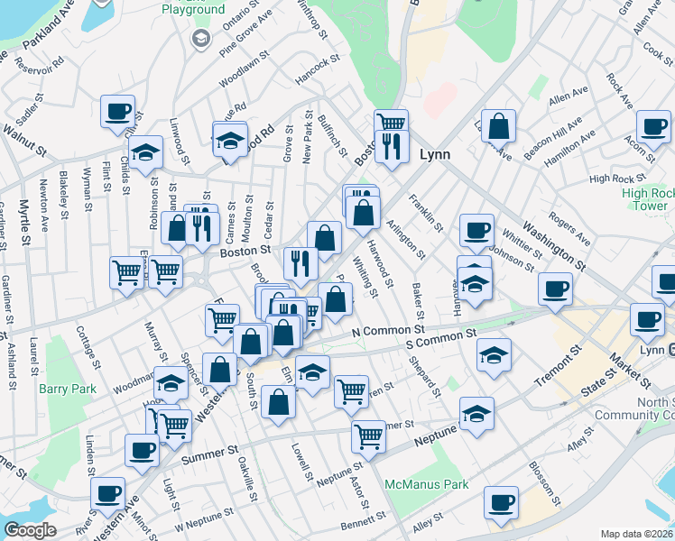map of restaurants, bars, coffee shops, grocery stores, and more near Park Street in Lynn