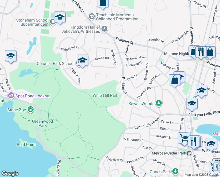 map of restaurants, bars, coffee shops, grocery stores, and more near Whip Hill Road in Stoneham