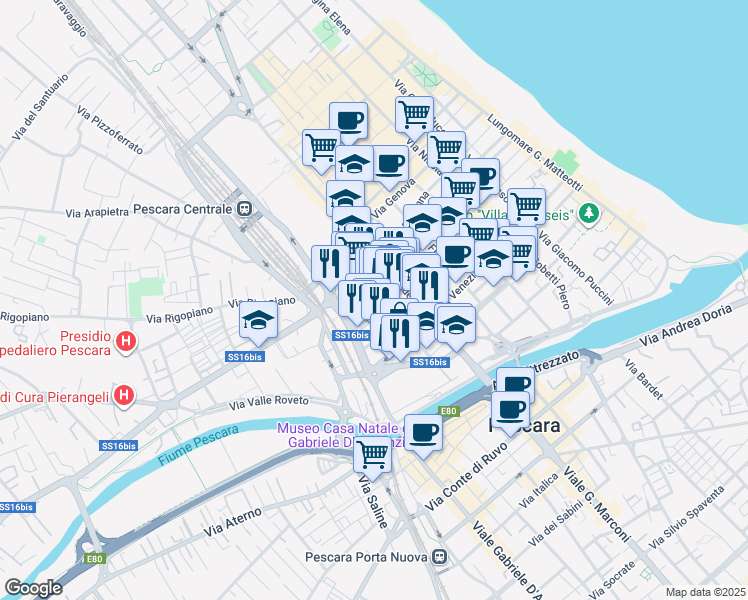 map of restaurants, bars, coffee shops, grocery stores, and more near 38 Via L'Aquila in Pescara