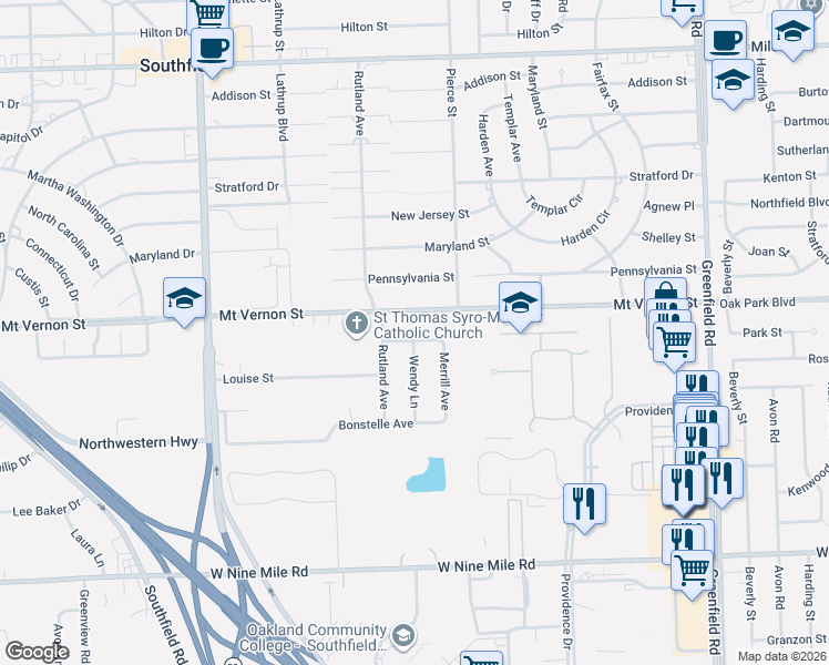 map of restaurants, bars, coffee shops, grocery stores, and more near 23842 Wendy Lane in Southfield
