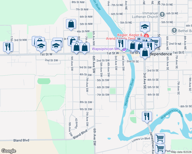 map of restaurants, bars, coffee shops, grocery stores, and more near 501-599 6th Avenue Southwest in Independence