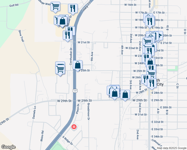 map of restaurants, bars, coffee shops, grocery stores, and more near 800 West 25th Street in South Sioux City