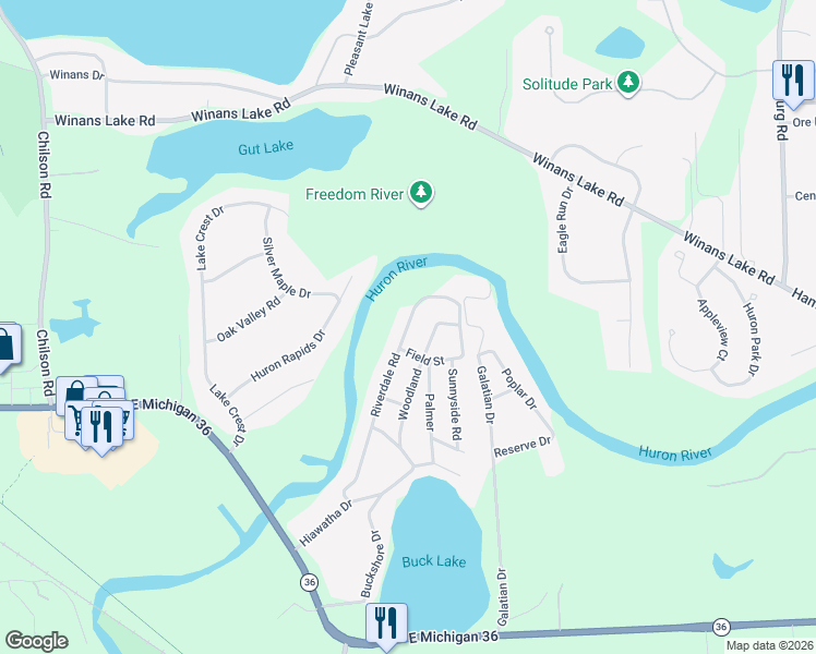 map of restaurants, bars, coffee shops, grocery stores, and more near 6489 Riverdale Road in Whitmore Lake