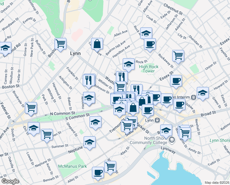 map of restaurants, bars, coffee shops, grocery stores, and more near 197 Washington Street in Lynn