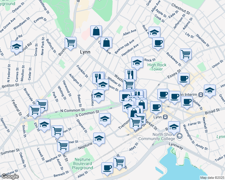 map of restaurants, bars, coffee shops, grocery stores, and more near 34 Whittier Street in Lynn