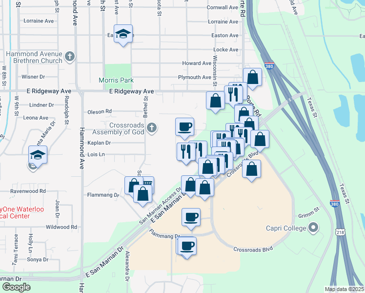 map of restaurants, bars, coffee shops, grocery stores, and more near 1501 East San Marnan Drive in Waterloo