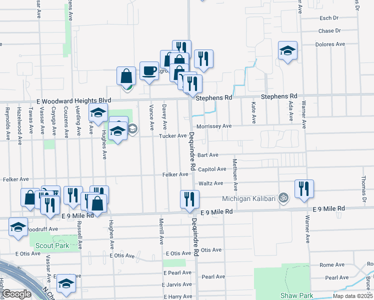 map of restaurants, bars, coffee shops, grocery stores, and more near 23456 Melville Avenue in Hazel Park