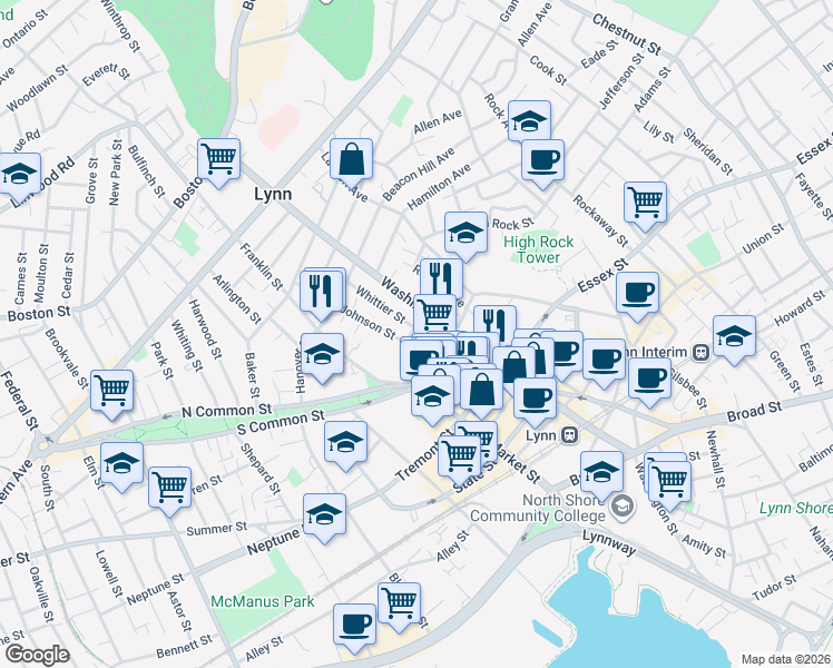 map of restaurants, bars, coffee shops, grocery stores, and more near 197 Washington Street in Lynn